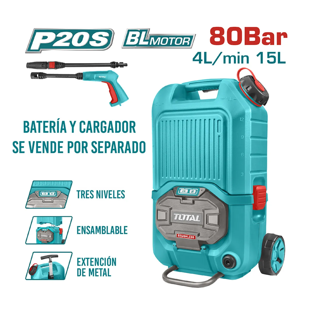 TOTAL TOOLS - Hidrolavadora 40v 15 Litros Brushless Industrial + 5 Piezas TOTAL