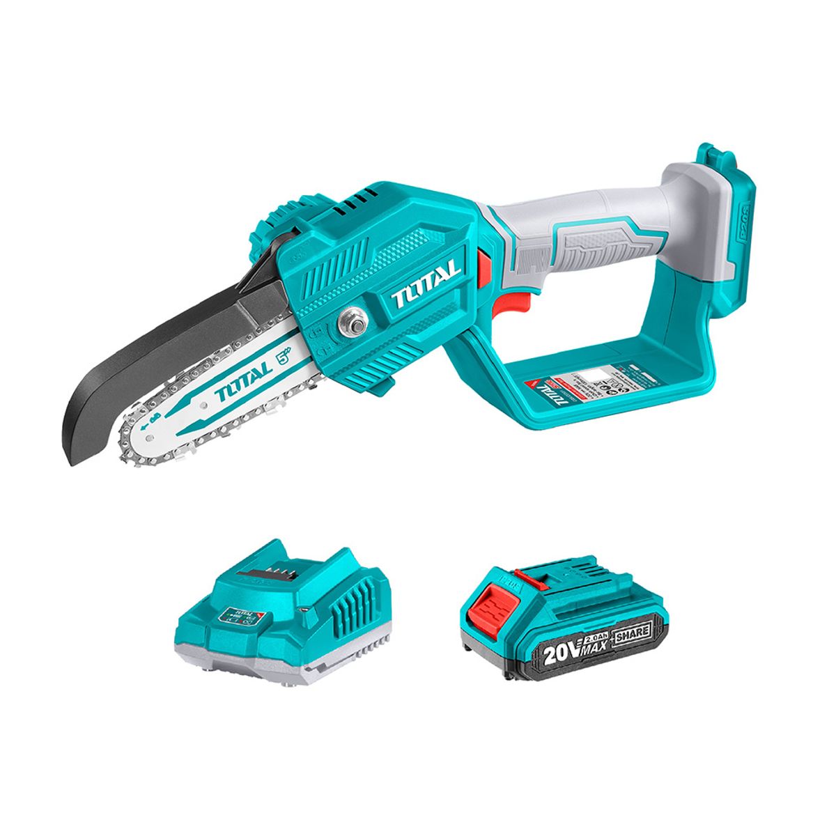 TOTAL TOOLS - Sierra Podadora 5 Pulgadas + Bat 2ah + Cargador + 3 Accesorios TOTAL