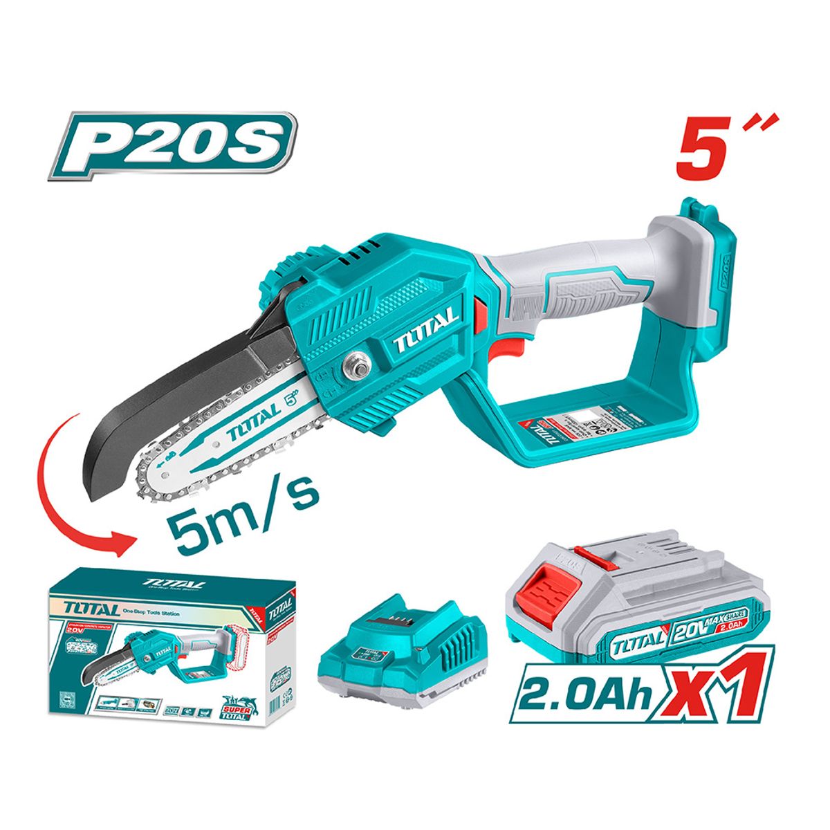 TOTAL TOOLS - Sierra Podadora 5 Pulgadas + Bat 2ah + Cargador + 3 Accesorios TOTAL