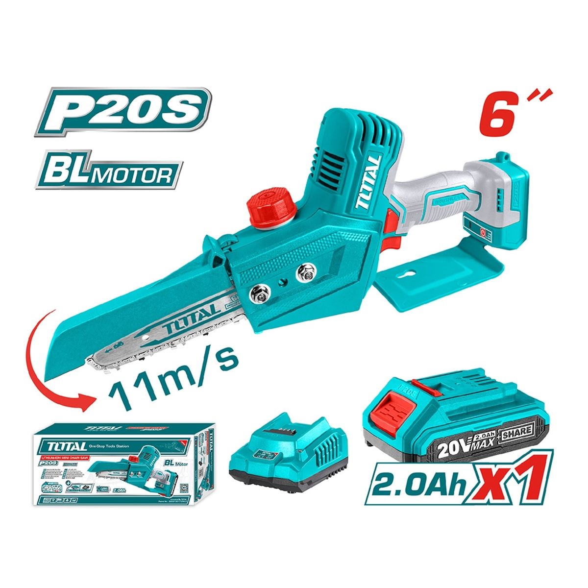 TOTAL TOOLS - Mini Motosierra Brushless Industrial 6 + Bat 2a + Carg + Cadena TOTAL