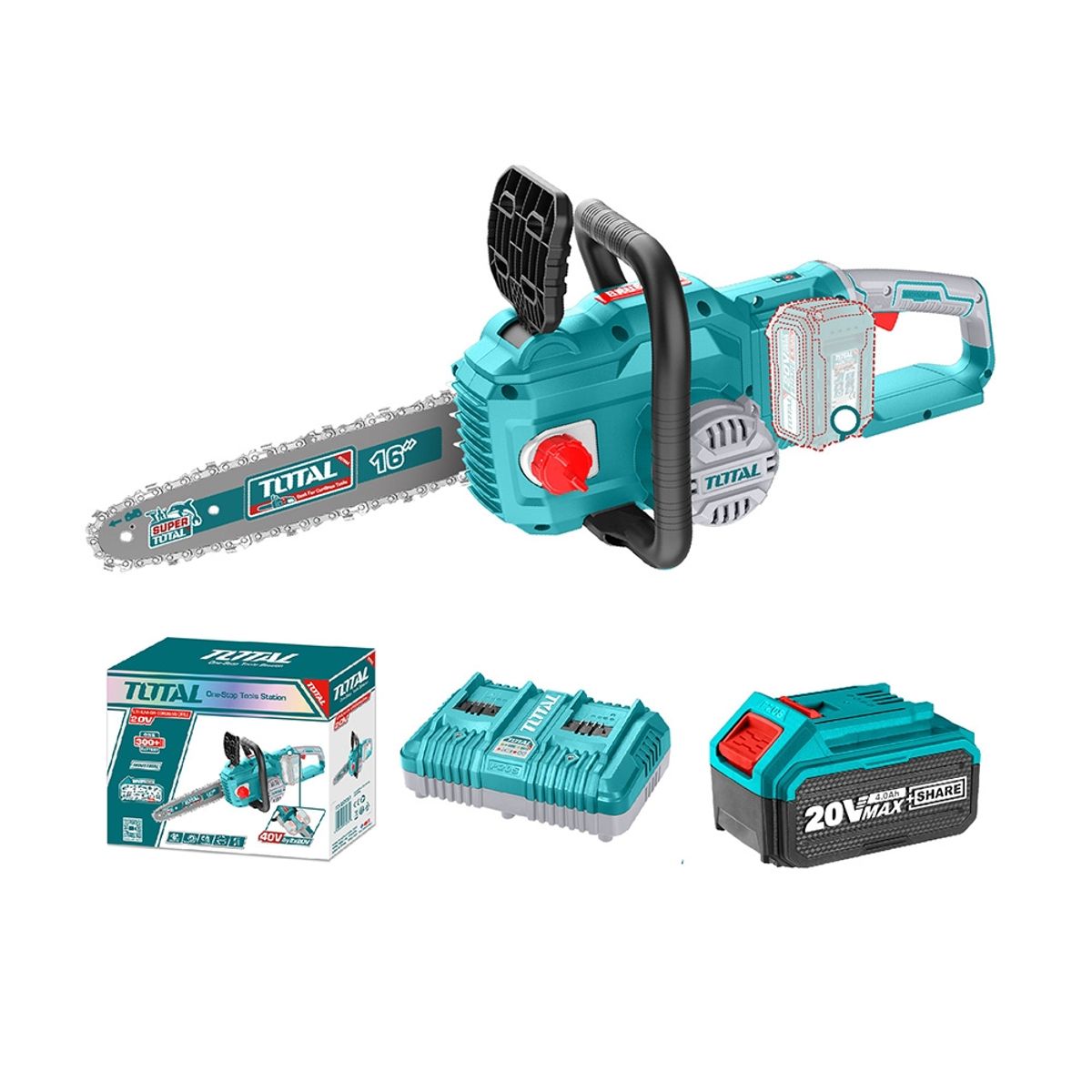 TOTAL TOOLS - Motosierra 40v Industrial BLmotor + 2 Bat 4a + Carg + Cadena 16" TOTAL