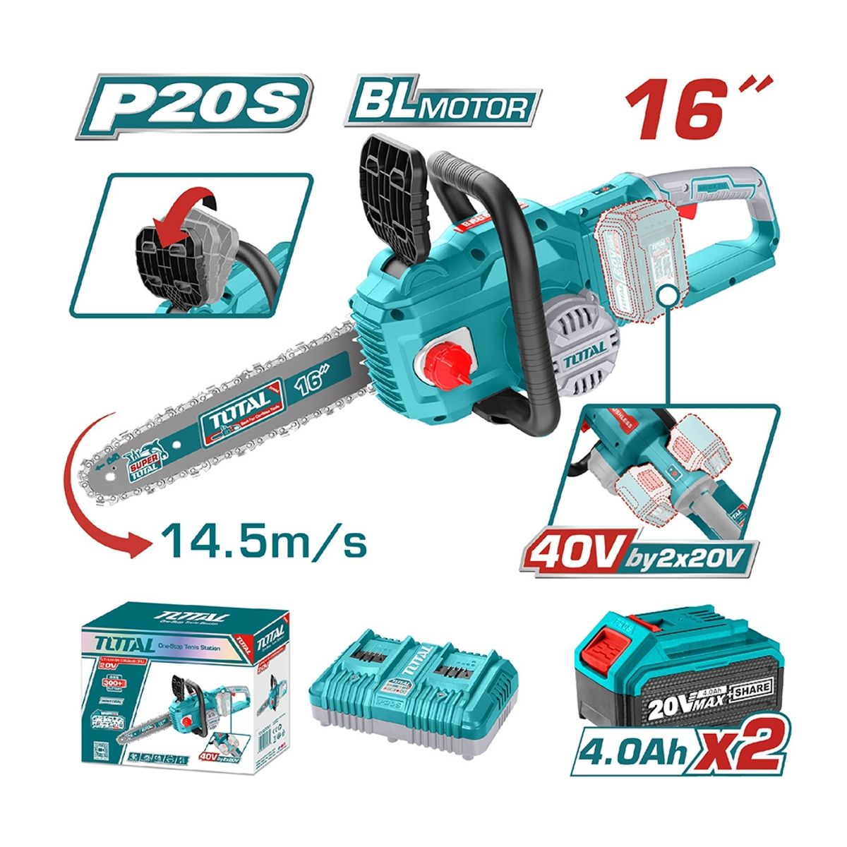 TOTAL TOOLS - Motosierra 40v Industrial BLmotor + 2 Bat 4a + Carg + Cadena 16" TOTAL