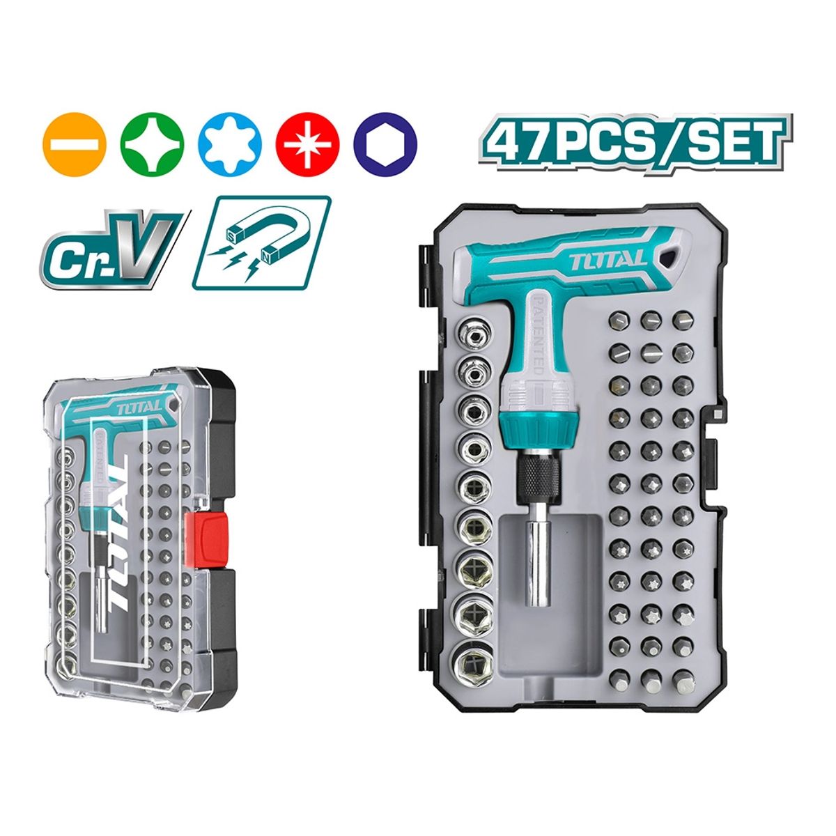 TOTAL TOOLS - Set Destornilladores Mango en T 47 Piezas Imantados TOTAL
