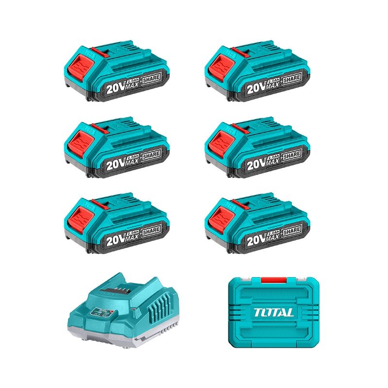 TOTAL TOOLS - Pack 6 Baterías 2ah 20v + Cargador Inteligente TOTAL