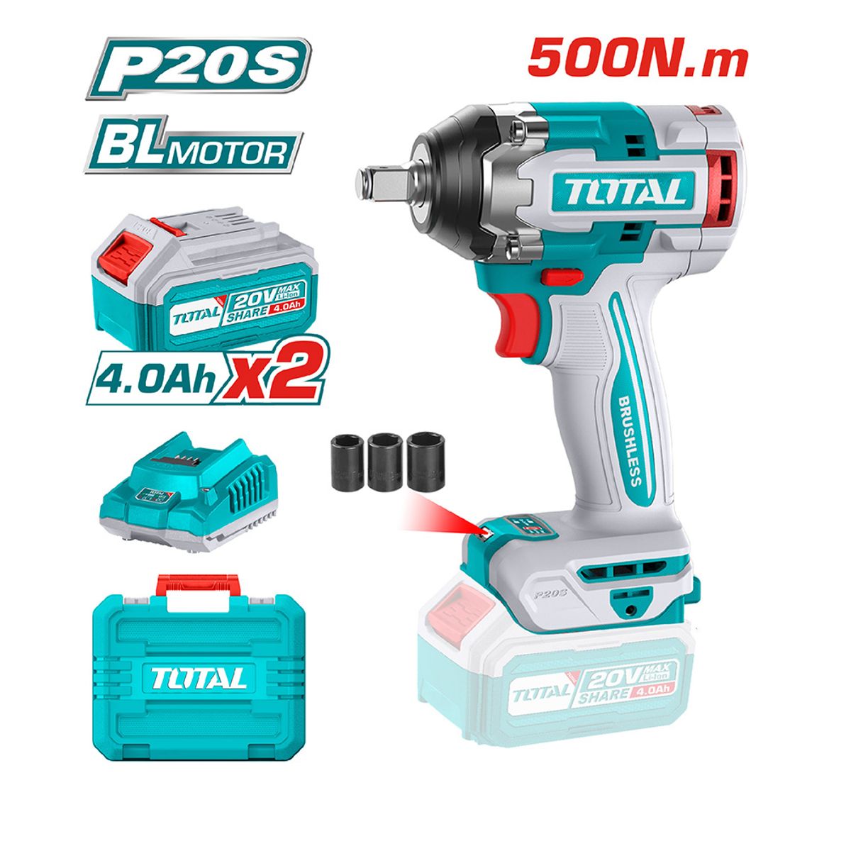 TOTAL TOOLS - Llave Impacto 1/2" 500nm Industrial Brushless + 2 Bat 4ah + Carg TOTAL