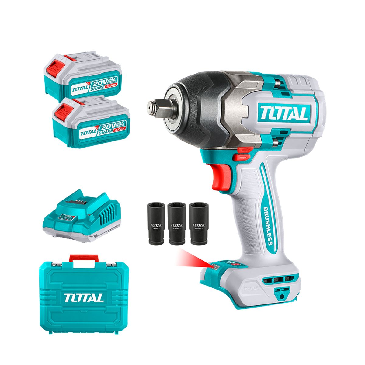 TOTAL TOOLS - Llave Impacto 1/2" 850nm Industrial Brushless + 2 Bat 4ah + Carg TOTAL