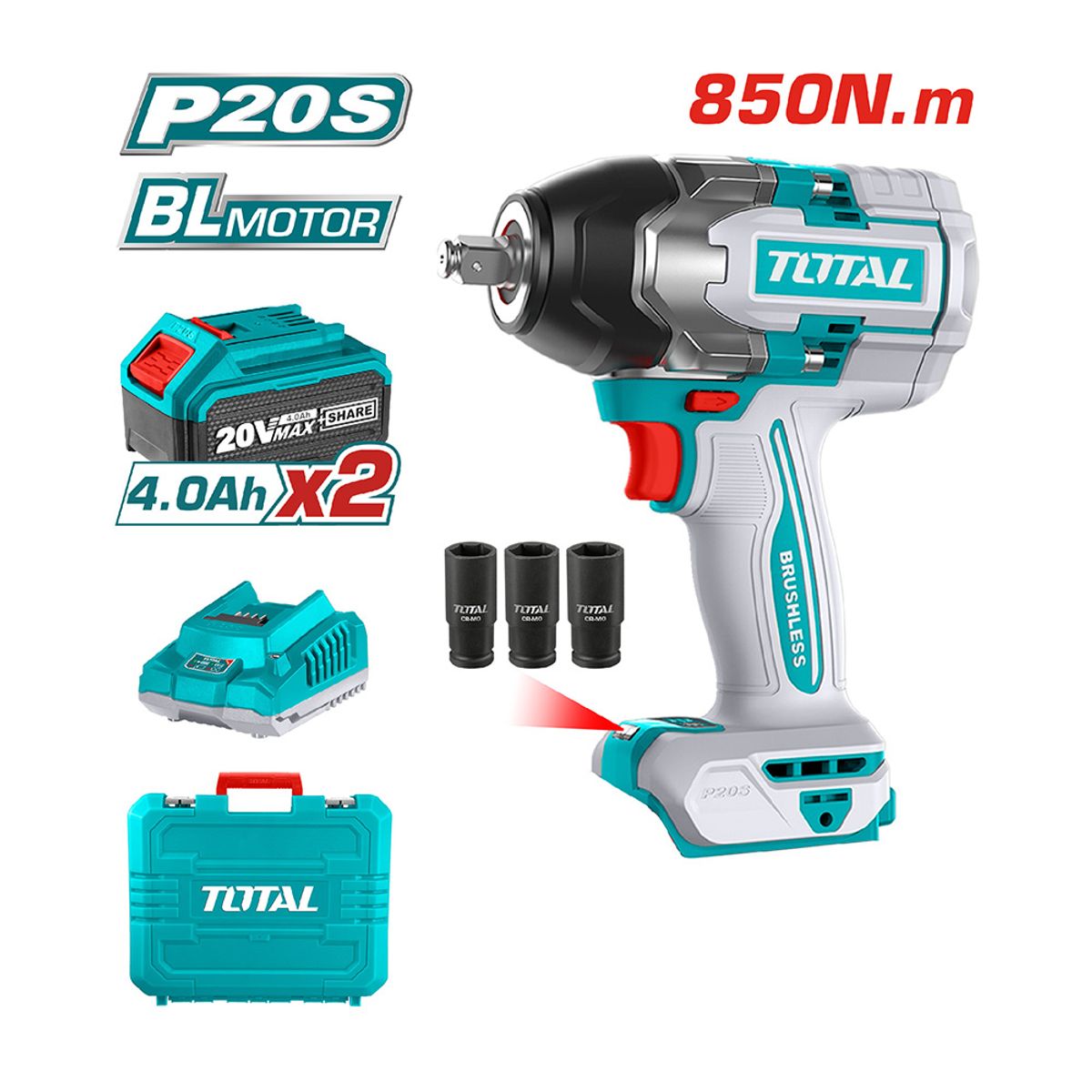 TOTAL TOOLS - Llave Impacto 1/2" 850nm Industrial Brushless + 2 Bat 4ah + Carg TOTAL