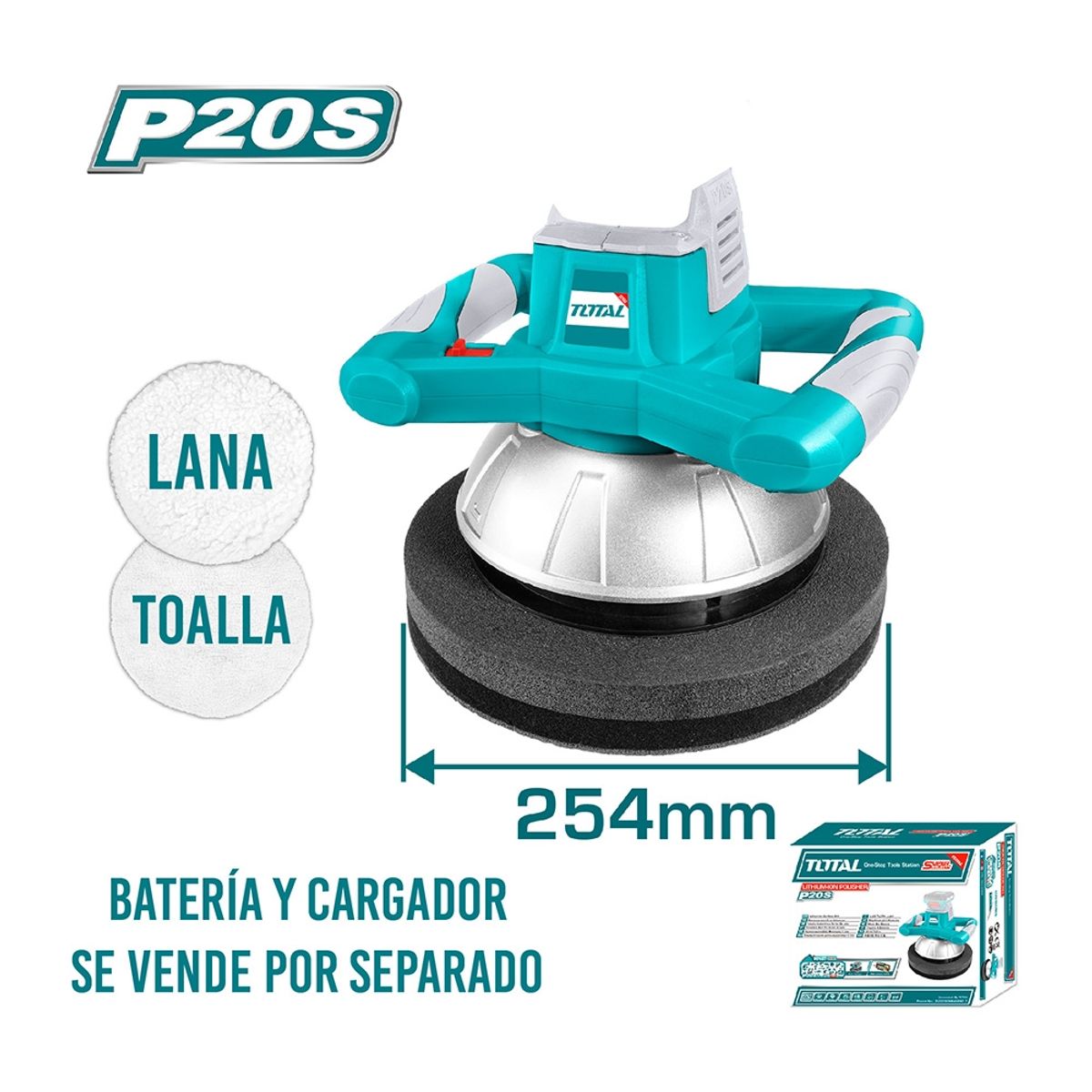 TOTAL TOOLS - Pulidora Orbital Inalámbrica 254mm 20v + 2 Toallas de Pulido TOTAL