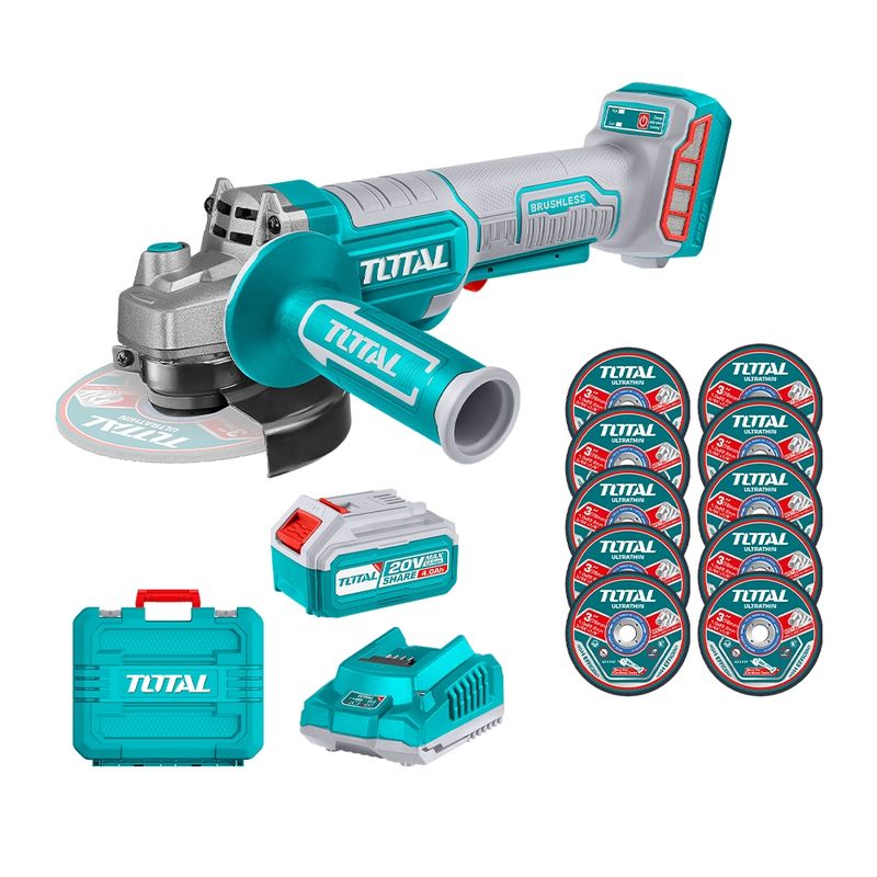 TOTAL TOOLS - Esmeril Angular Brushless Industrial + Bat 4a + Carg + 10 Discos TOTAL