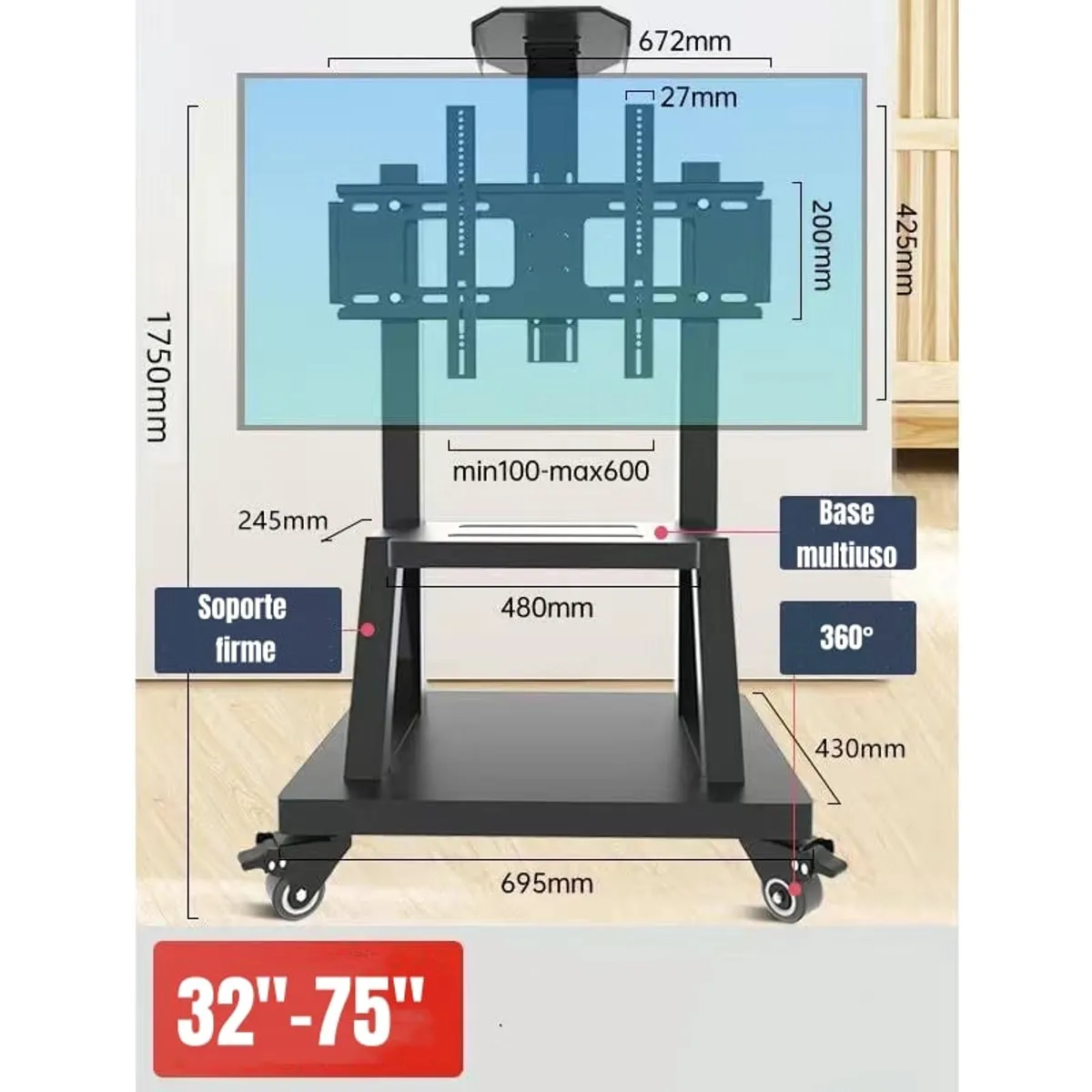 LUBABYCAS - Soporte TV Rack Pedestal 32”-75” Con Ruedas By LuBabycas