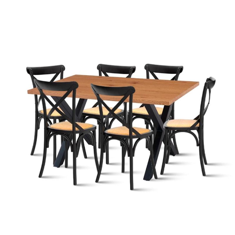 KLIK - Mesa Color Madera y Metal Cross 140x90 + 6 Sillas Crossback Madera Rattan Negra KLIK
