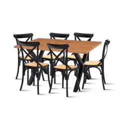 KLIK - Mesa Color Madera y Metal Cross 140x90 + 6 Sillas Crossback Madera Rattan Negra