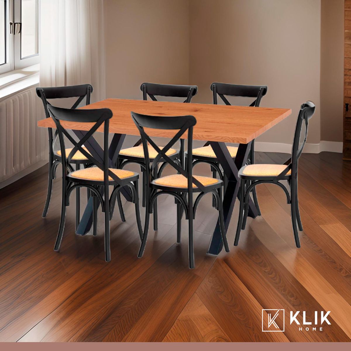 KLIK - Mesa Color Madera y Metal Cross 140x90 + 6 Sillas Crossback Madera Rattan Negra KLIK