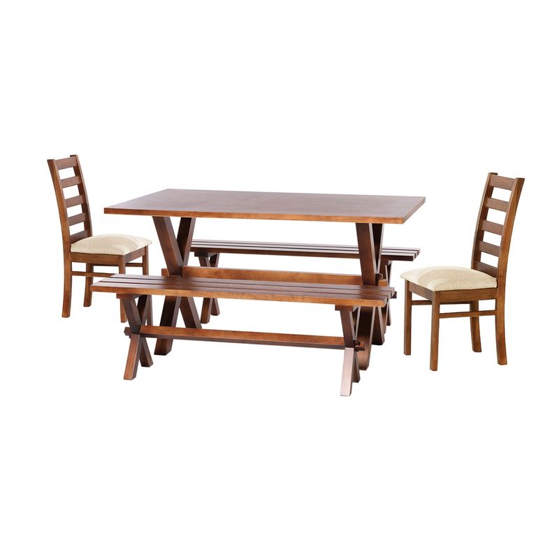 LATAM HOME - Juego De Comedor Sevilla 2 Sillas Burgos + 2 Bancas Tela Lino Natural