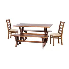 LATAM HOME - Juego De Comedor Sevilla 2 Sillas Burgos + 2 Bancas Tela Lino Natural