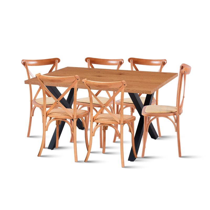 KLIK - Mesa Color Madera y Metal Cross 140x90 + 6 Sillas Crossback Madera Rattan Natural KLIK