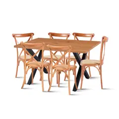 KLIK - Mesa Color Madera y Metal Cross 140x90 + 6 Sillas Crossback Madera Rattan Natural