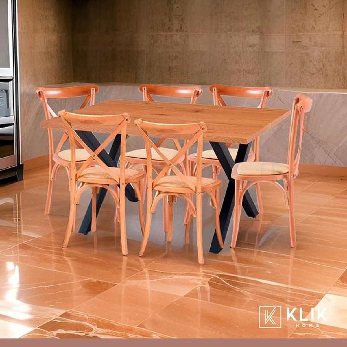 KLIK - Mesa Color Madera y Metal Cross 140x90 + 6 Sillas Crossback Madera Rattan Natural KLIK
