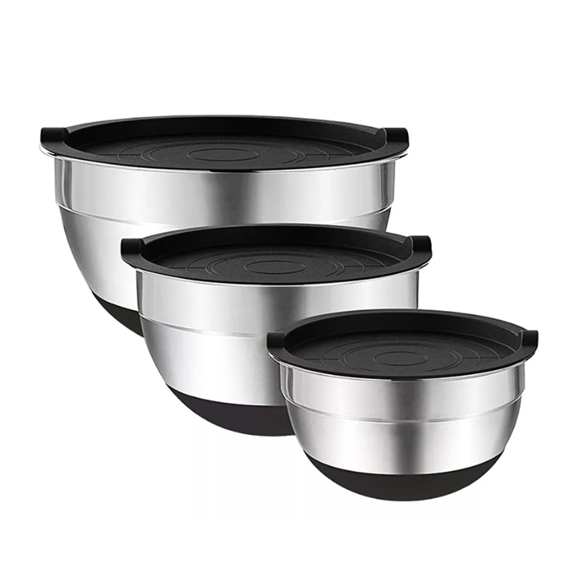 GENERICO - Set 3 Bowls Con Tapa Acero Inoxidable Antideslizante