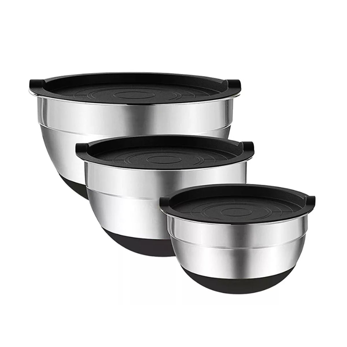 GENERICO - Set 3 Bowls Con Tapa Acero Inoxidable Antideslizante