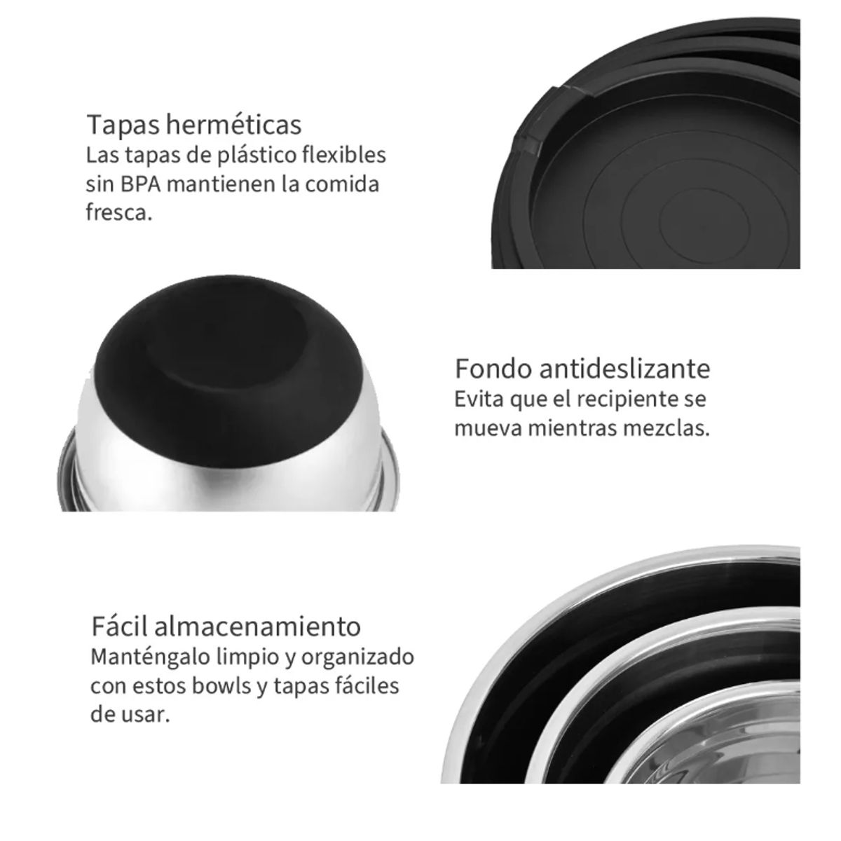 GENERICO - Set 3 Bowls Con Tapa Acero Inoxidable Antideslizante