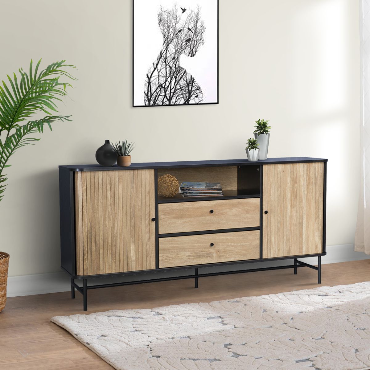 RELAN - Aparador Buffet Top Living Ebony con Puertas Corredizas