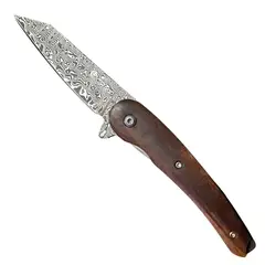 KOYAM - Cuchillo 16,2 cm plegable Acero Damasco. Mango madera