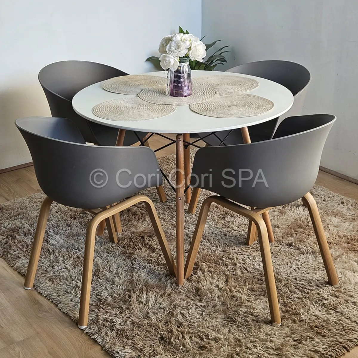 CORI CORI - Comedor Mesa Eames Melamina Blanca 120cm + 4 Sillas Cup Gris