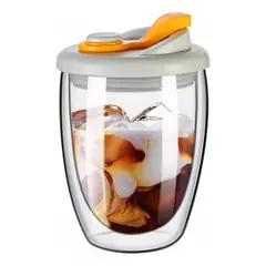 KUANGYE - Vaso Cafe Vidrio Doble Pared Termica Mug Tapa Antiderrame