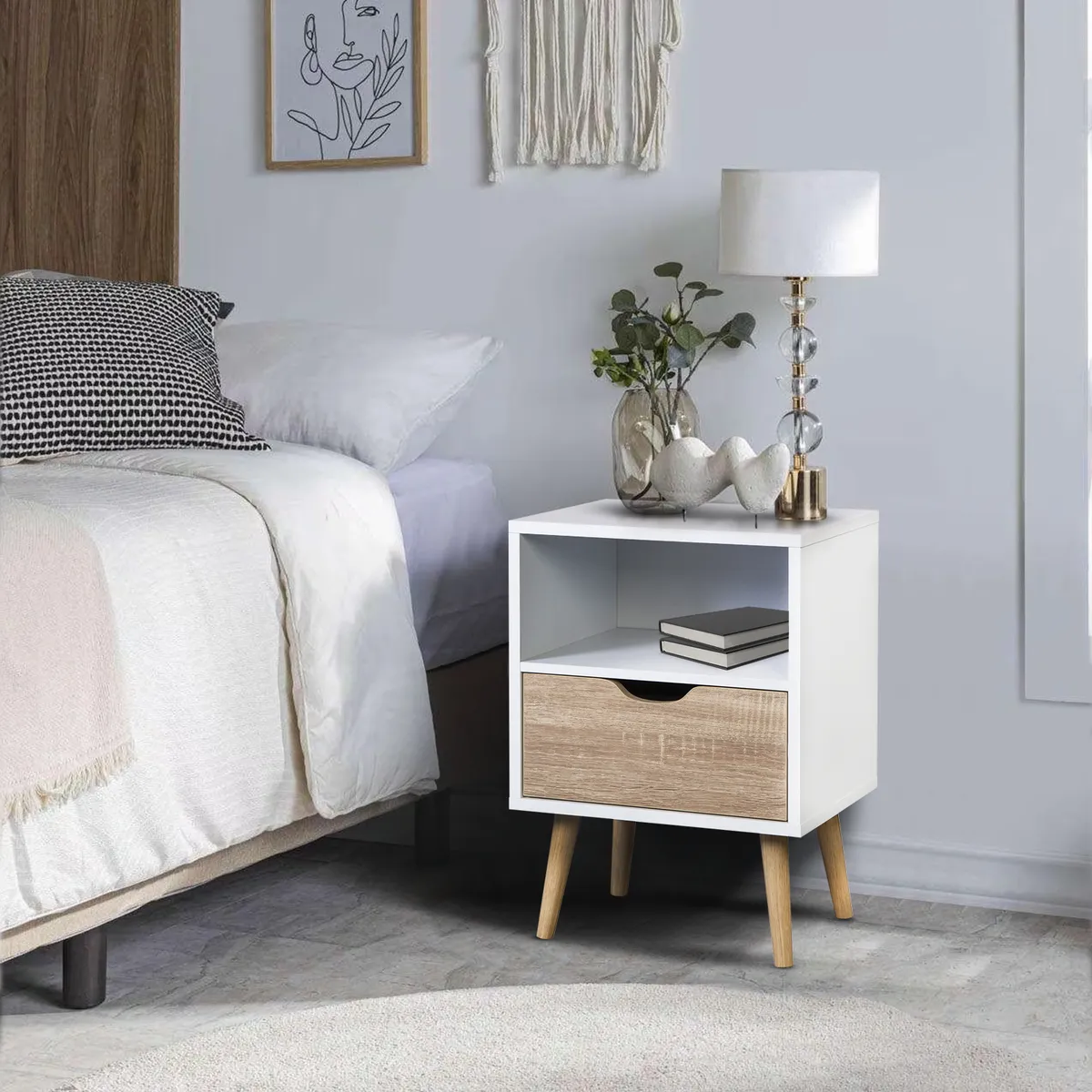 RELAN - Velador Top Living Tromso Con Cajón Blanco y Madera