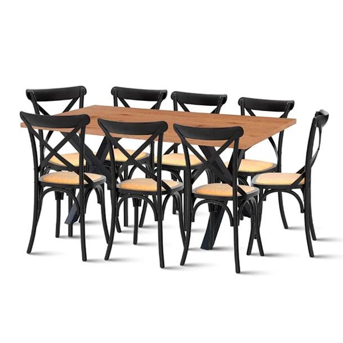 KLIK - Mesa Color Madera y Metal Cross 180x90 + 8 Sillas Crossback Madera Rattan Negra KLIK