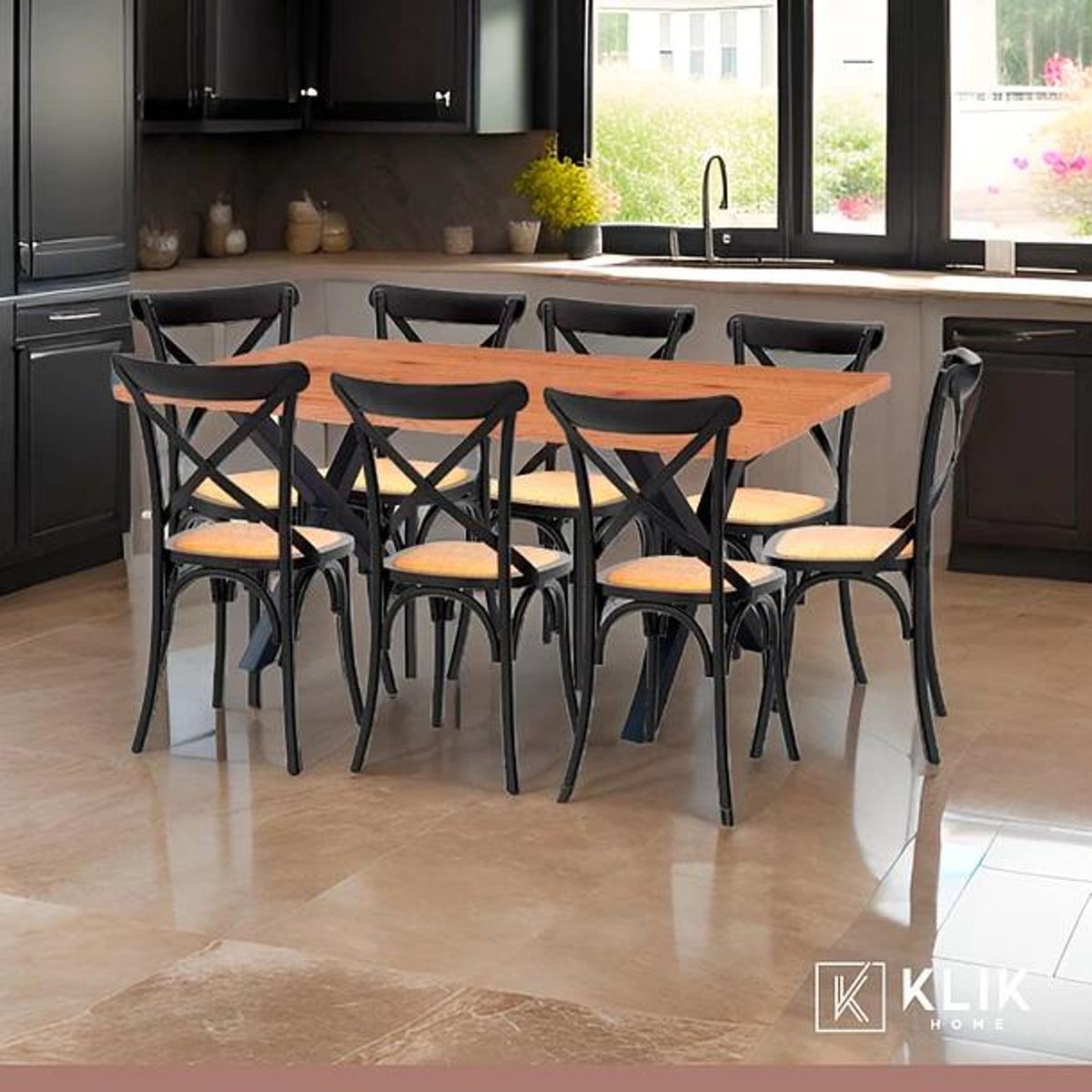 KLIK - Mesa Color Madera y Metal Cross 180x90 + 8 Sillas Crossback Madera Rattan Negra KLIK
