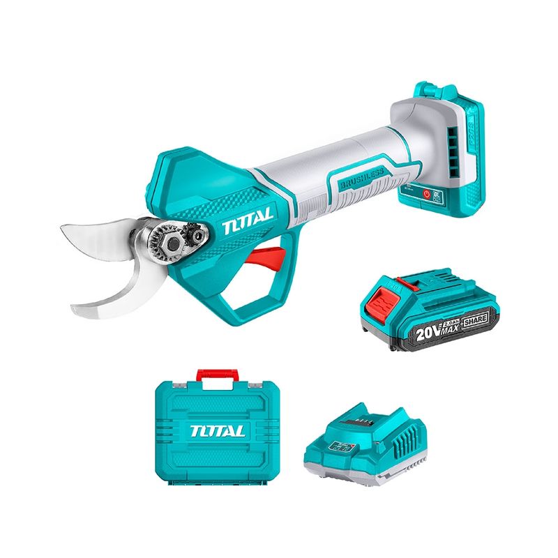 TOTAL TOOLS - Tijera de Podar Brushless Industrial + Bat 2a + Carg + 3 Acc TOTAL