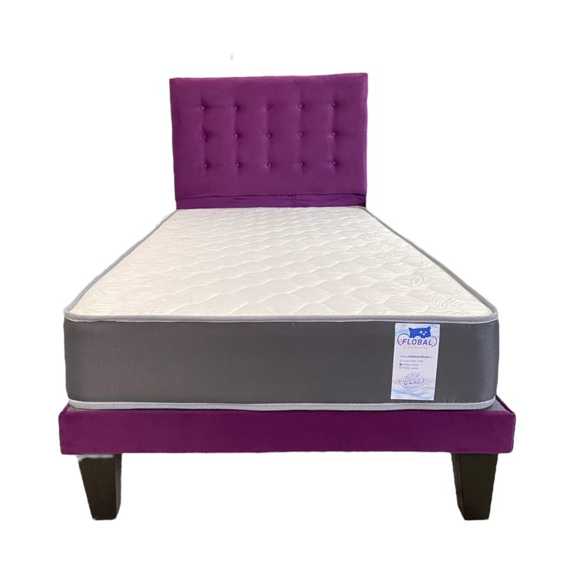FLOBAL - Cama Plaza y Media Abotonada Morado FLOBAL Incluye Base Respaldo y Colchón de Resortes