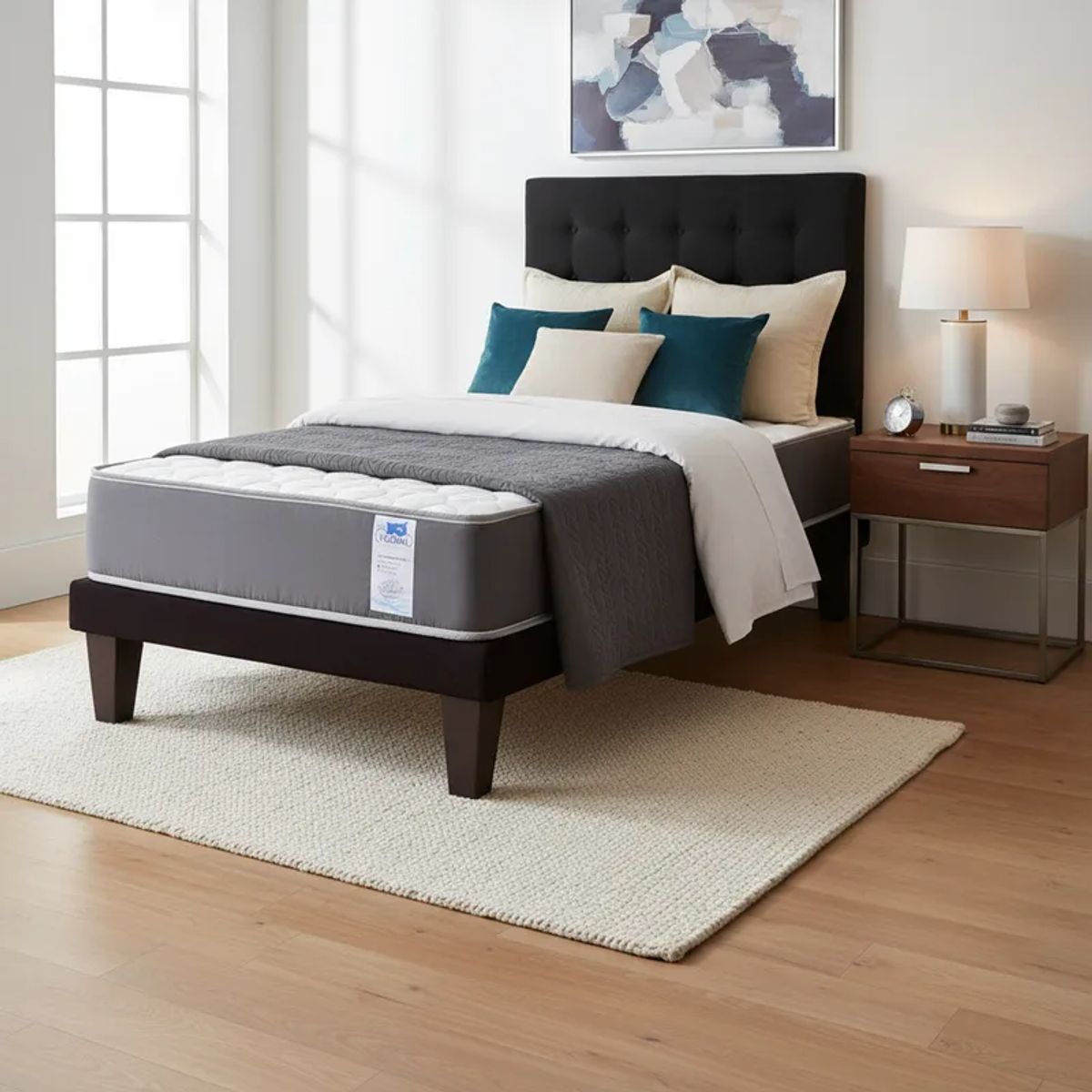 FLOBAL - Cama 1,5 Plazas Abotonada 105X190cm + Respaldo Negro + Colchon Flobal