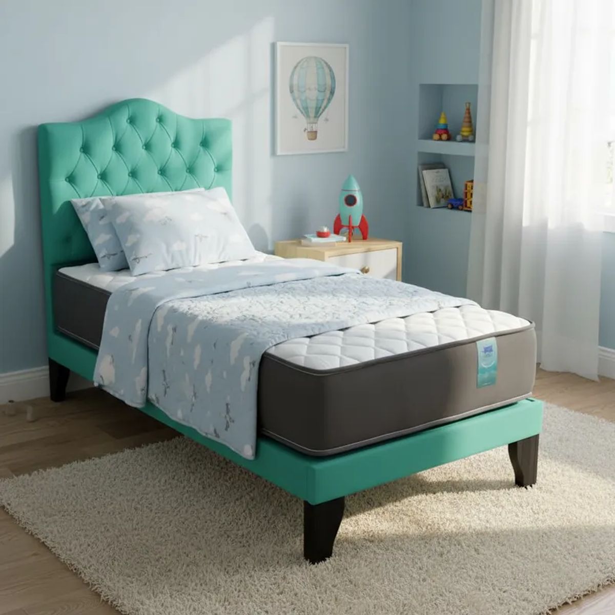 FLOBAL - Cama 1 Plaza Turquesa Incluye Base Respaldo y Colchón de resortes