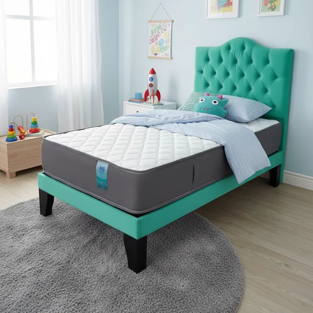 FLOBAL - Cama 1 Plaza Turquesa Incluye Base Respaldo y Colchón de resortes