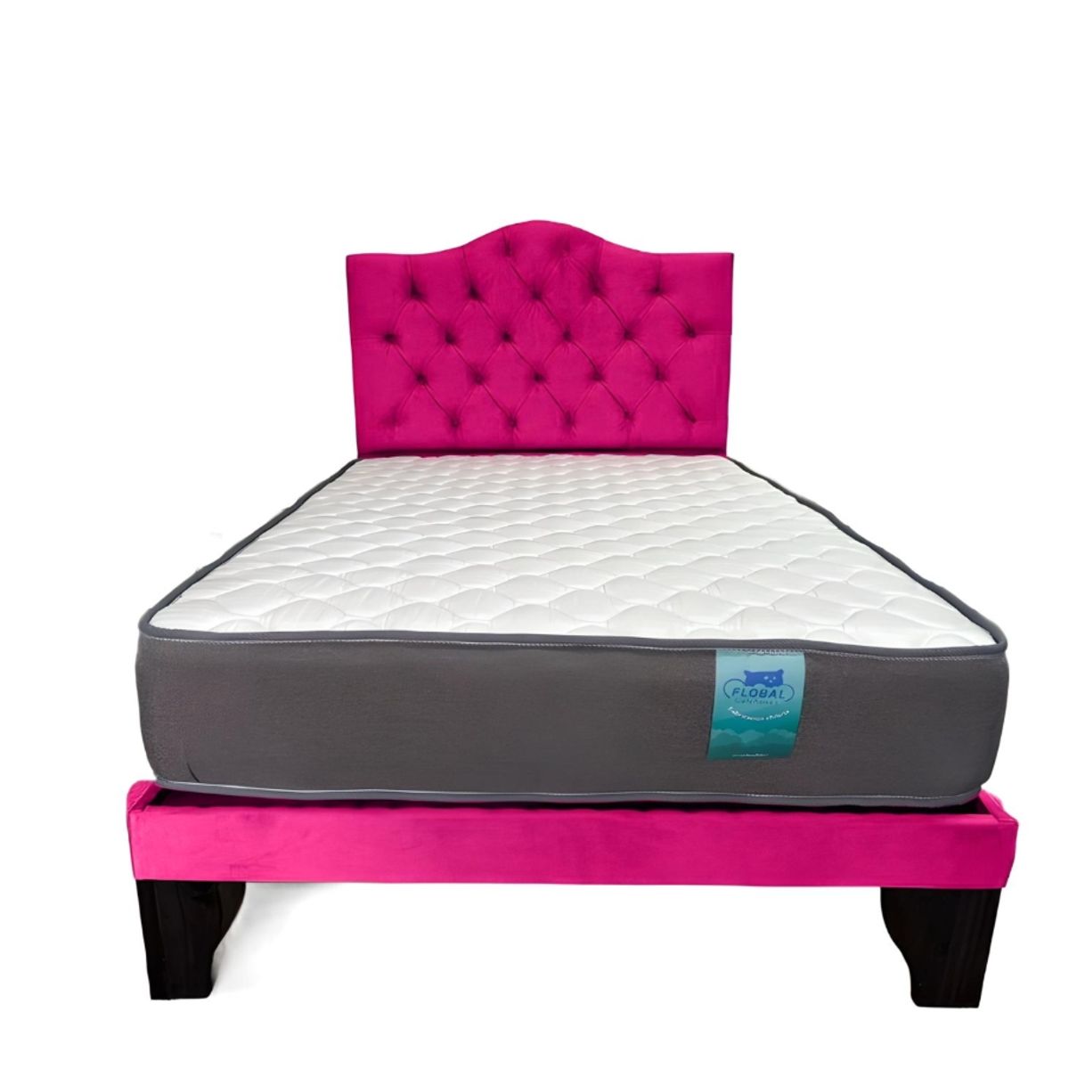 FLOBAL - Cama 1 Plaza Fucsia Incluye Base Respaldo y Colchón de resortes