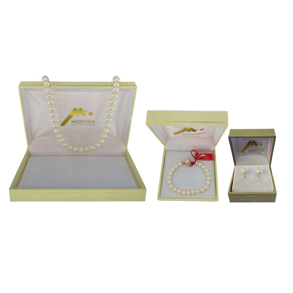 MALLORCA - Set Collar Perlas 50cm 8mm Aros y Pulsera Mallorca Enchapado en Oro