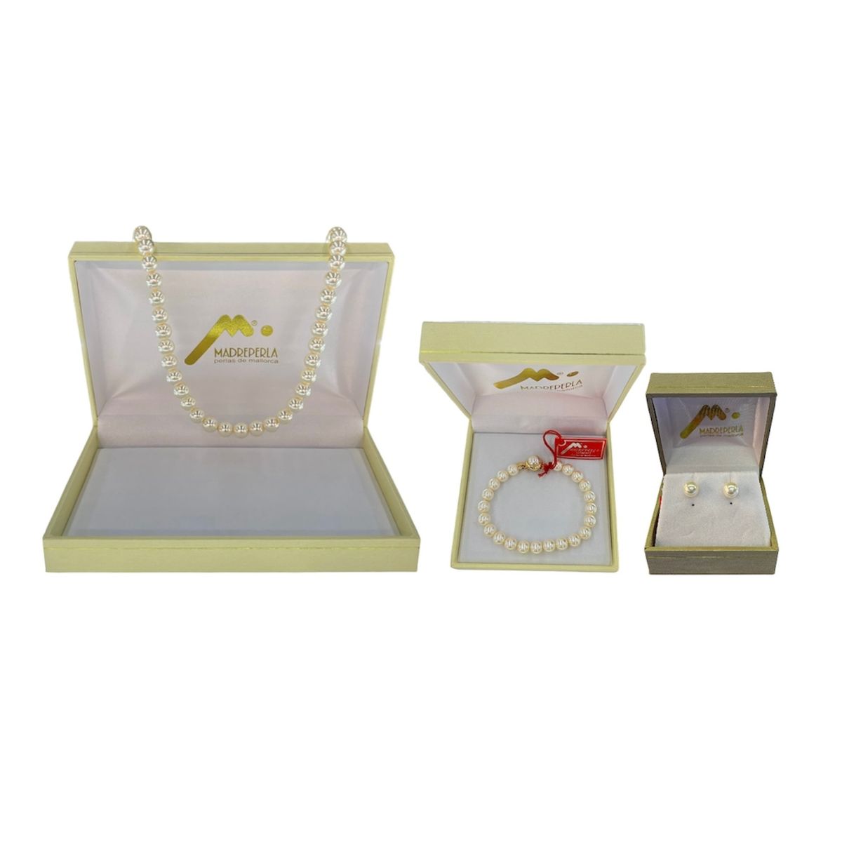 MALLORCA - Set Collar Perlas 50cm 8mm Aros y Pulsera Mallorca Enchapado en Oro