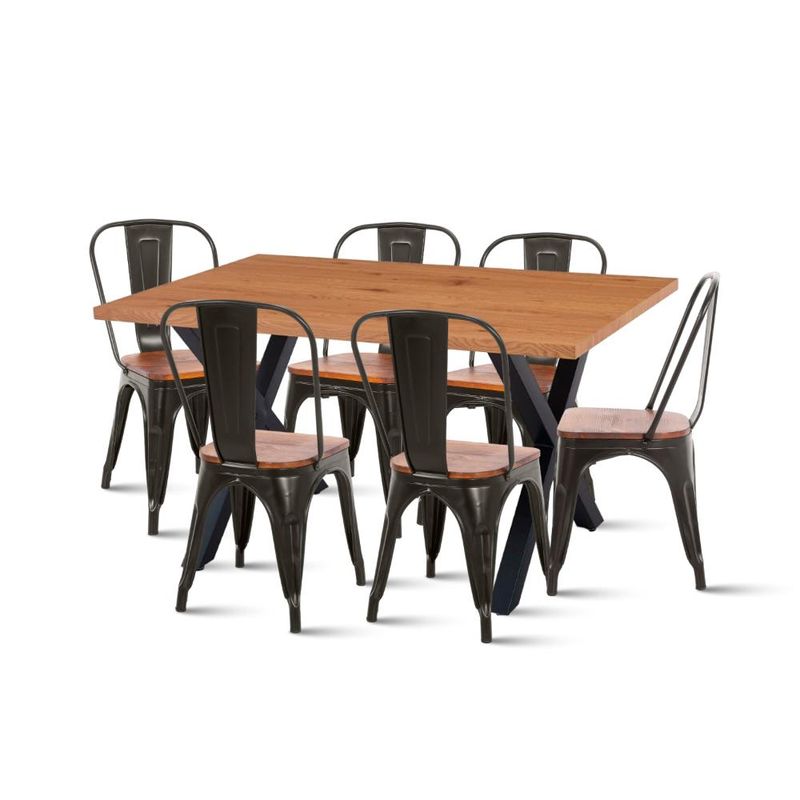 KLIK - Mesa Color Madera y Metal Cross 140x90 + 6 sillas Tolix con asiento de madera - Negras KLIK