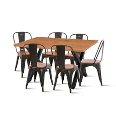 KLIK - Mesa Color Madera y Metal Cross 140x90 + 6 sillas Tolix con asiento de madera - Negras