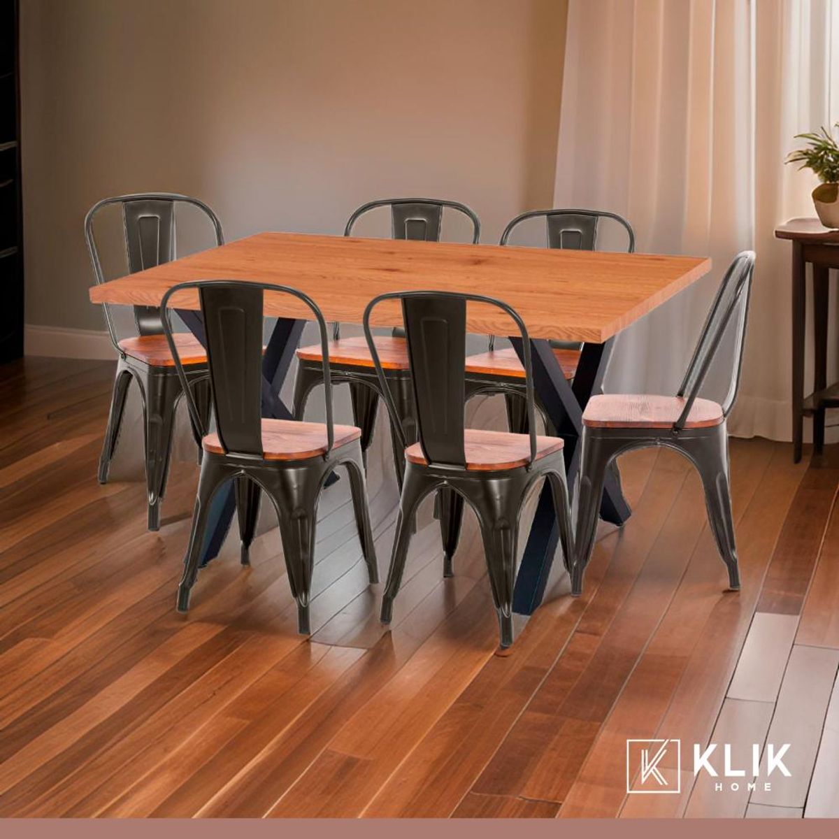 KLIK - Mesa Color Madera y Metal Cross 140x90 + 6 sillas Tolix con asiento de madera - Negras KLIK