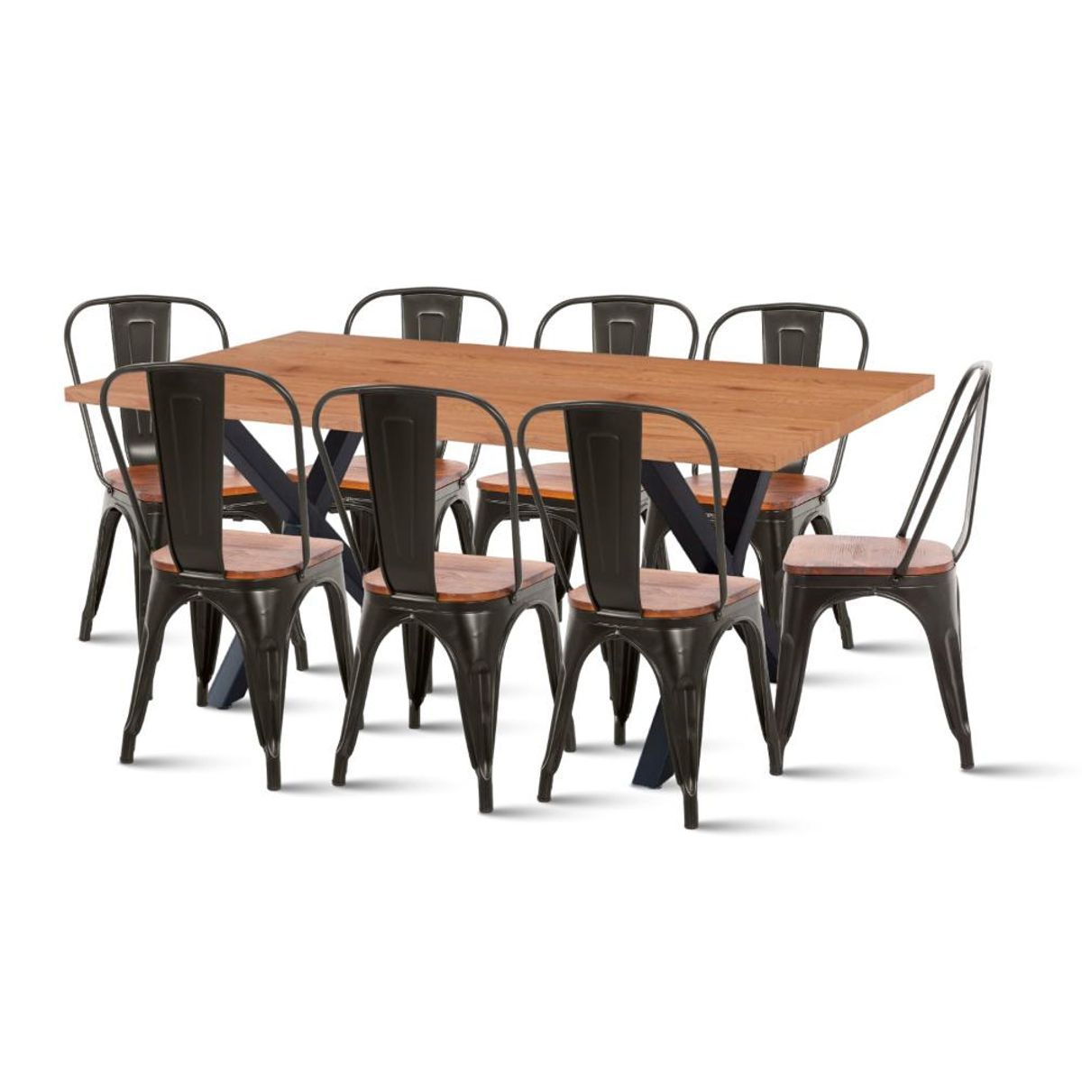 KLIK - Mesa Color Madera y Metal Cross 180x90 + 8 sillas Tolix con asiento de madera - Negras KLIK