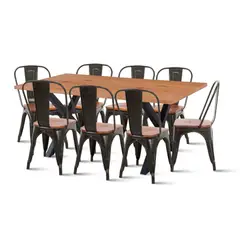 KLIK - Mesa Color Madera y Metal Cross 180x90 + 8 sillas Tolix con asiento de madera - Negras