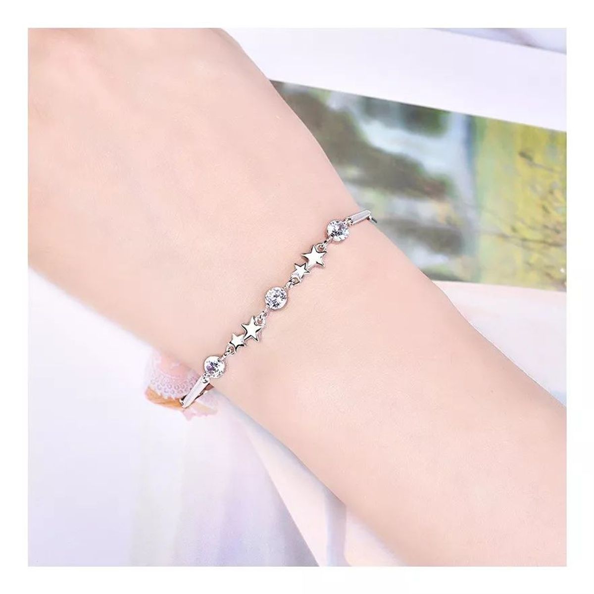 KUANGYE - Pulsera Bañado en plata Ajustable Estrellas Circón En Plateado