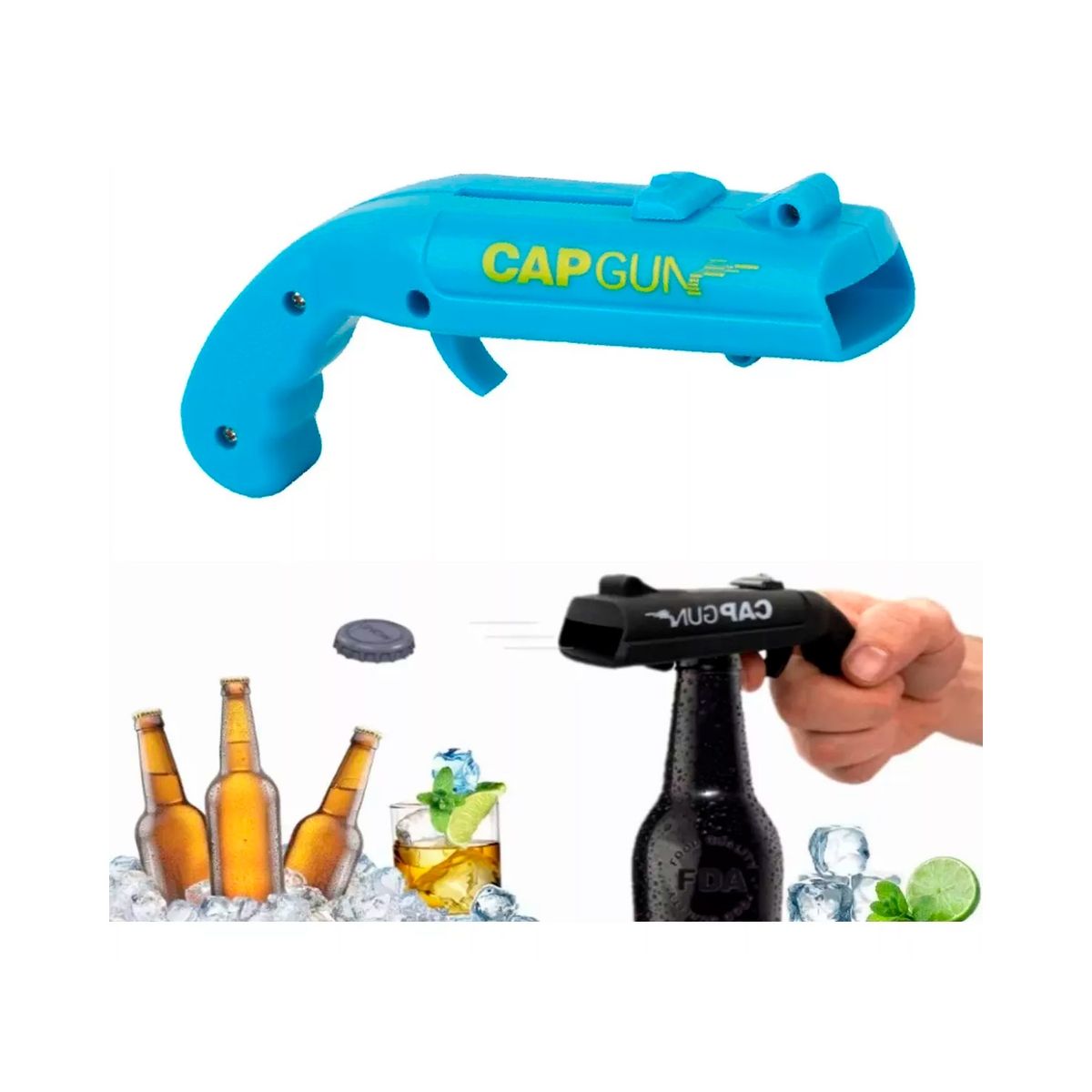 GENERICO - Destapador Cerveza Y Lanzador Tapas Tipo Pistola Abre Tapas Color Azul