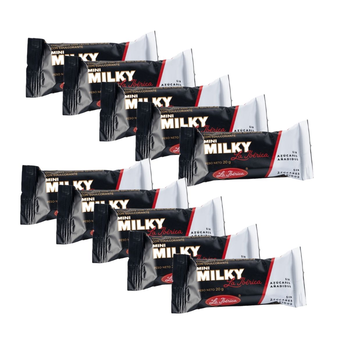 LA IBERICA - PACK X10 CHOCOLATE EN BARRA MINI MILKY SIN AZÚCAR 20G