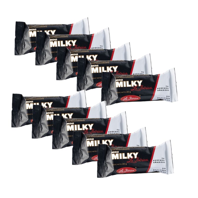 LA IBERICA - PACK X10 CHOCOLATE EN BARRA MINI MILKY SIN AZÚCAR 20G