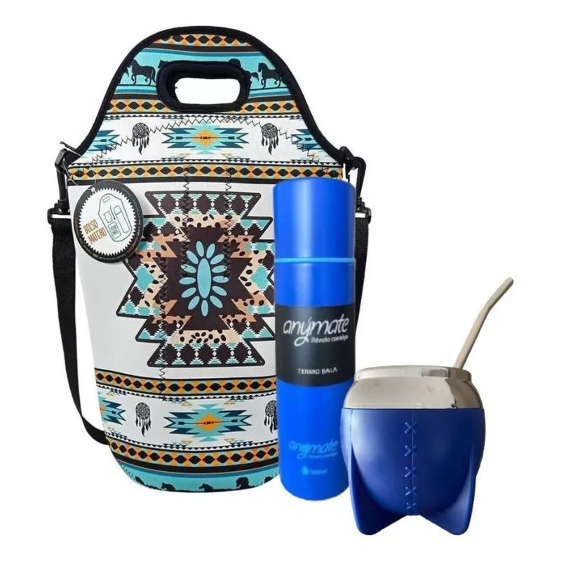 GENERICO - Kit para Mate (Bolso Blanco + Termo 500 Ml Azul+ Mate Azul)